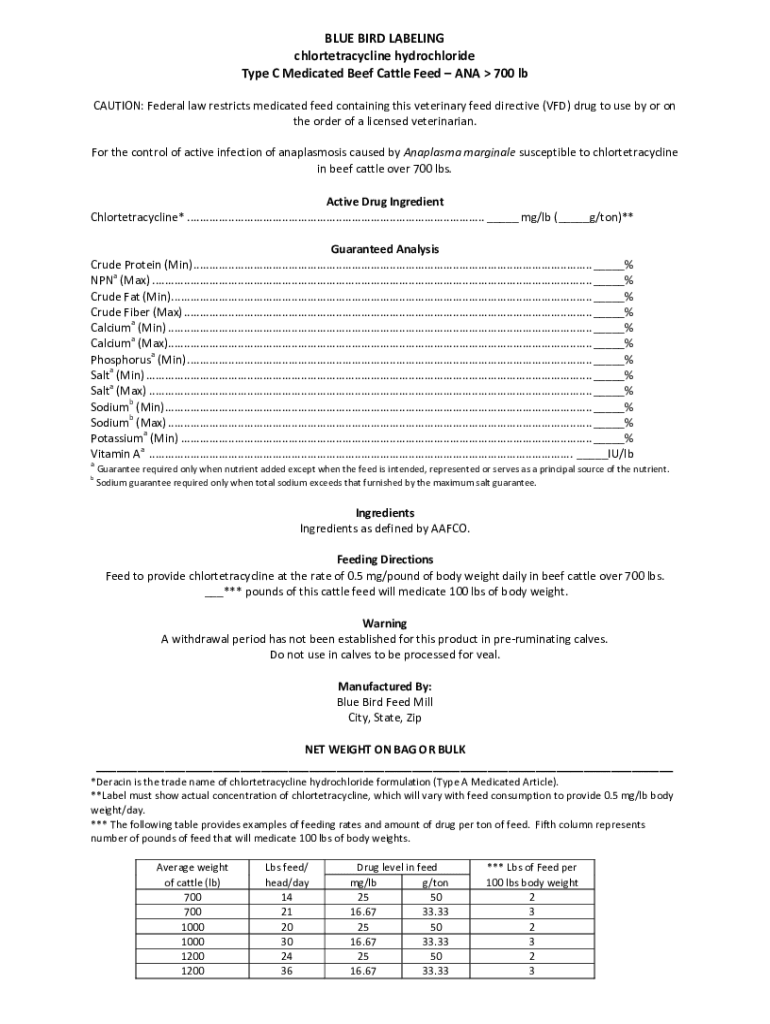 Fillable Online A200510 Type C Blue Bird Label Chlortetracycline Cattle