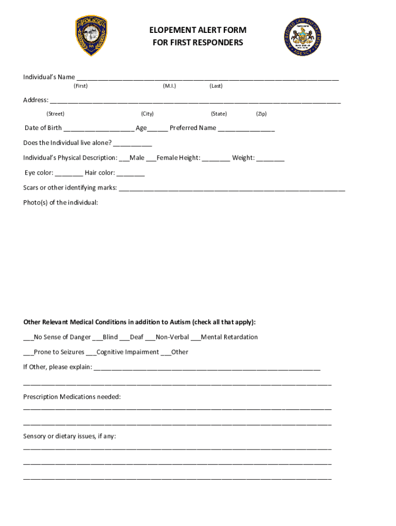 Fillable Online AUTISM ELOPEMENT ALERT FORM Dat eSubmitt d PERSON