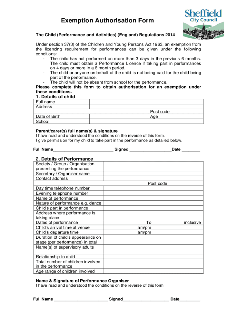 Fillable Online Exemption authorisation form. Register of a child