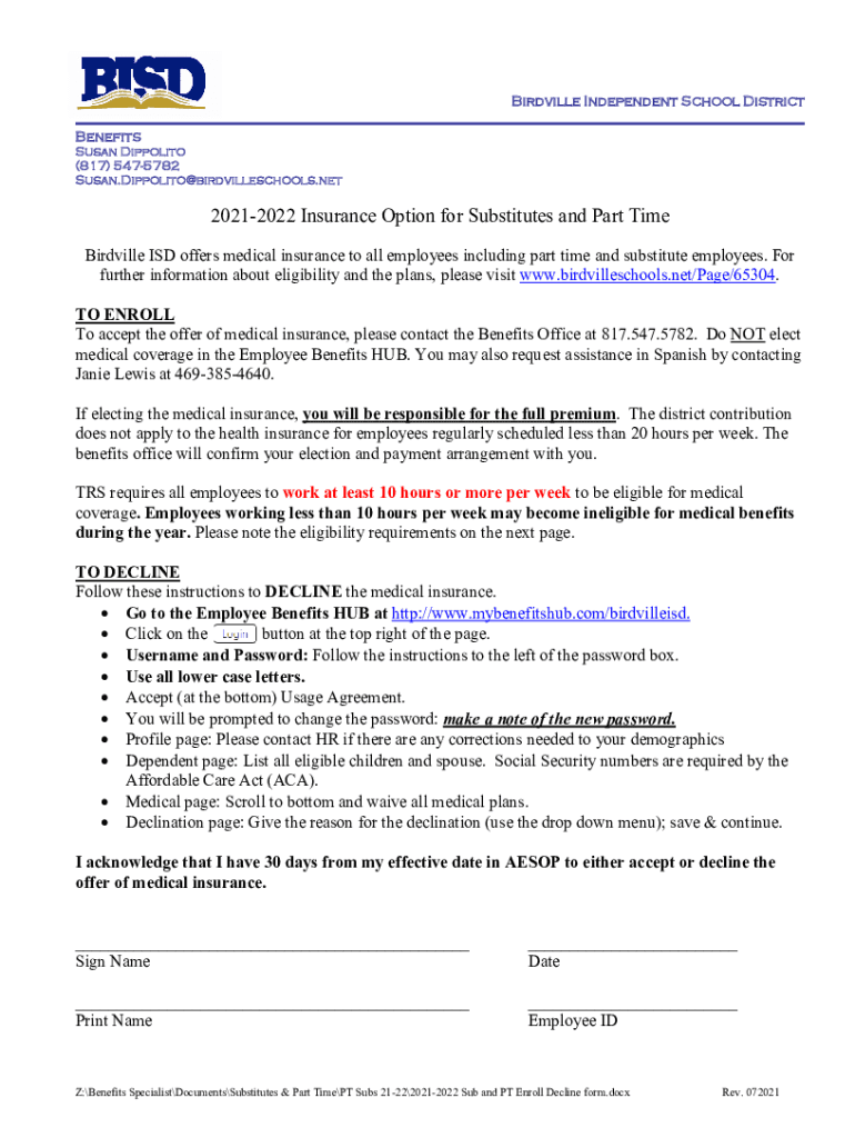 Fillable Online BIRDVILLE ISD Independent School District HAR