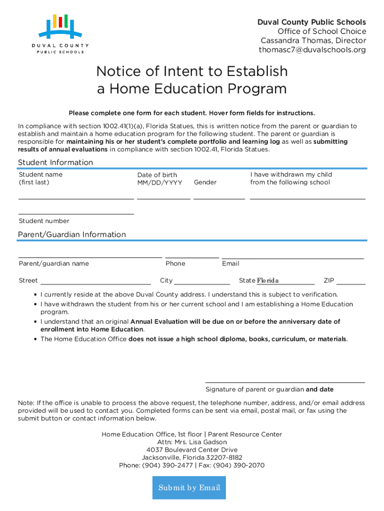 Fillable Online Duval County Public Schools Notice of Intent to Establish a Home Education