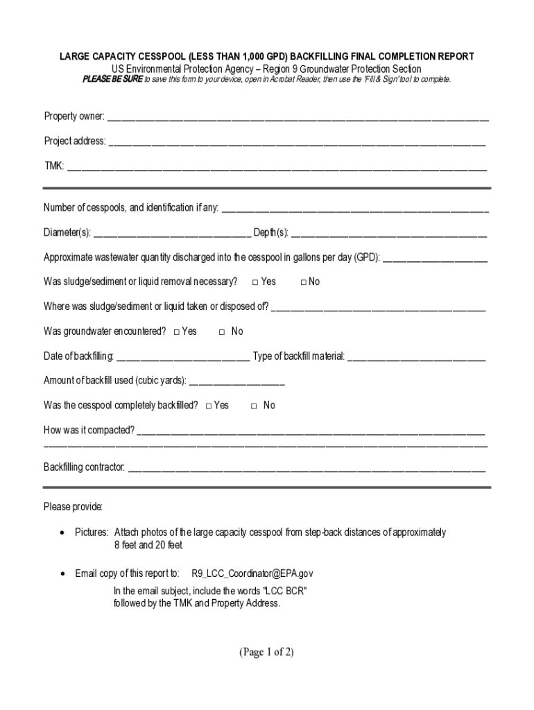 Fillable Online Large Capacity Cesspool (less than 1,000 GPD) Backfilling Final Completion