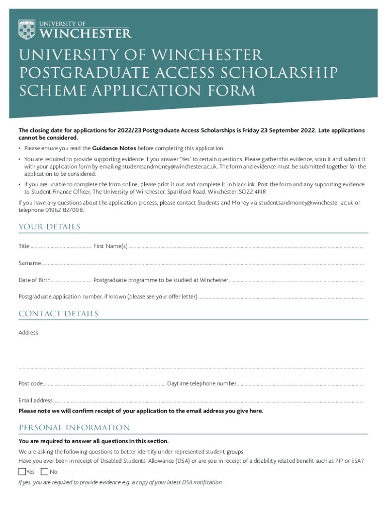 Fillable Online University of Winchester Postgraduate Access