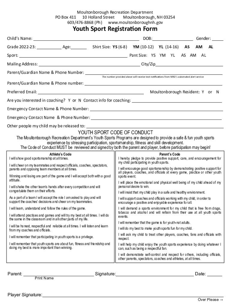 Fillable Online Youth Sport Registration Form Moultonborough NH Fax