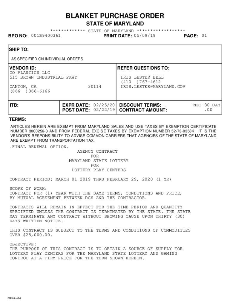 Fillable Online dgs maryland PDF version of FMIS BPO. Blanket Purchase