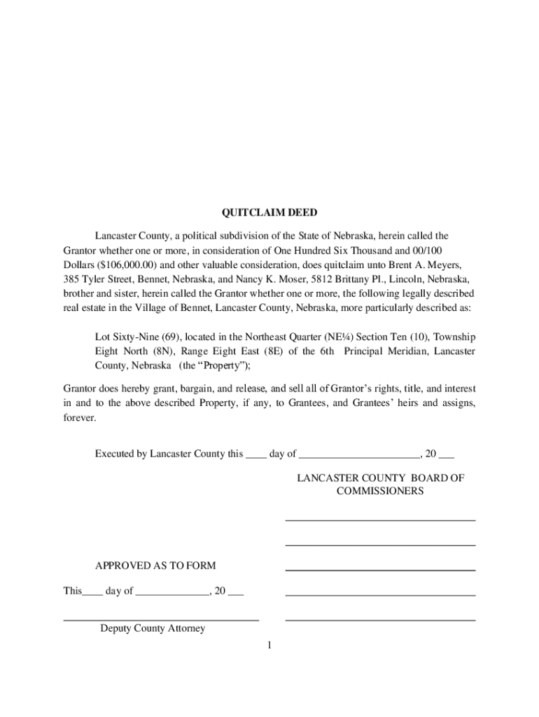 Fillable Online 1 QUITCLAIM DEED Lancaster County, a political