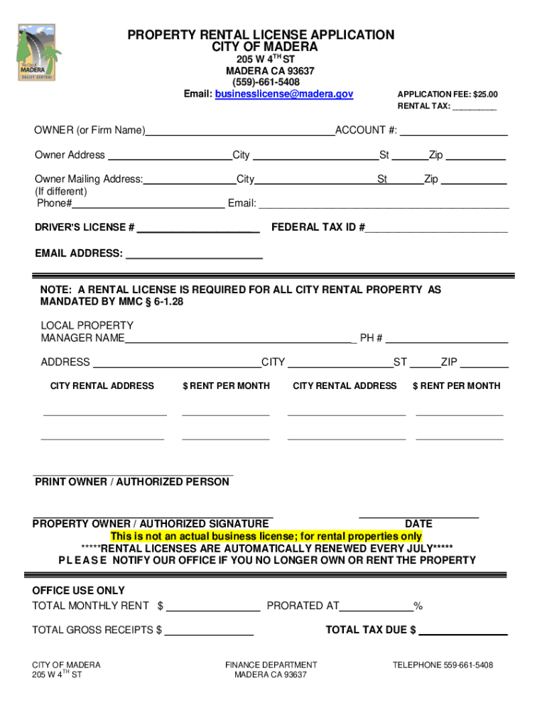 Fillable Online PROPERTY RENTAL LICENSE APPLICATION CITY OF MADERA Fax