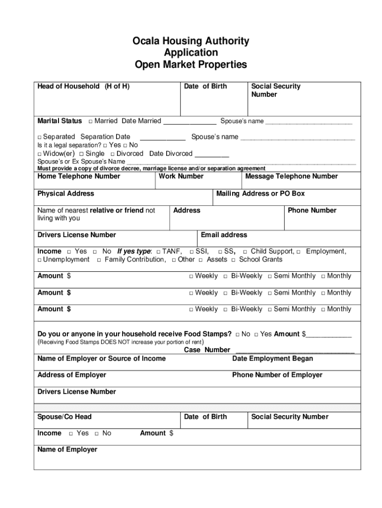 Fillable Online Ocala Housing Authority Application Open Market Properties Fax Email Print