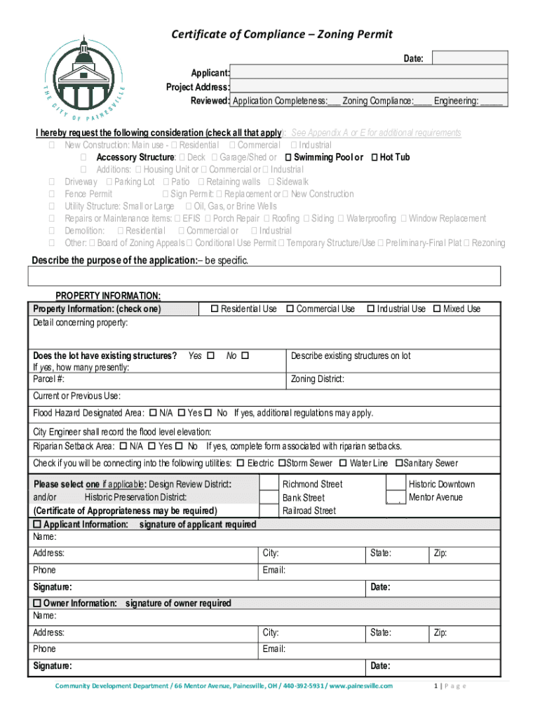 Fillable Online Certificate of Compliance Zoning Permit Painesville, Ohio Fax Email Print