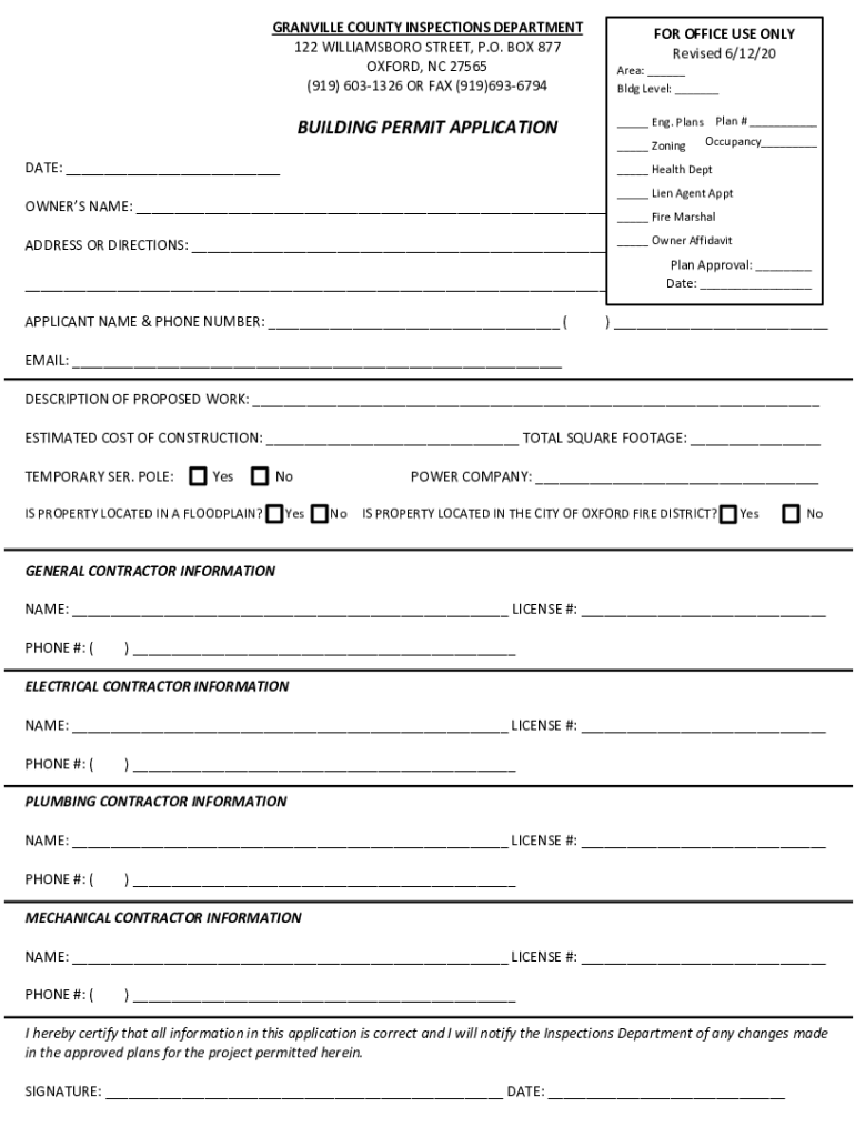 Fillable Online VANCE COUNTY ZONING AND BUILDING PERMIT APPLICATION Fax Email Print pdfFiller