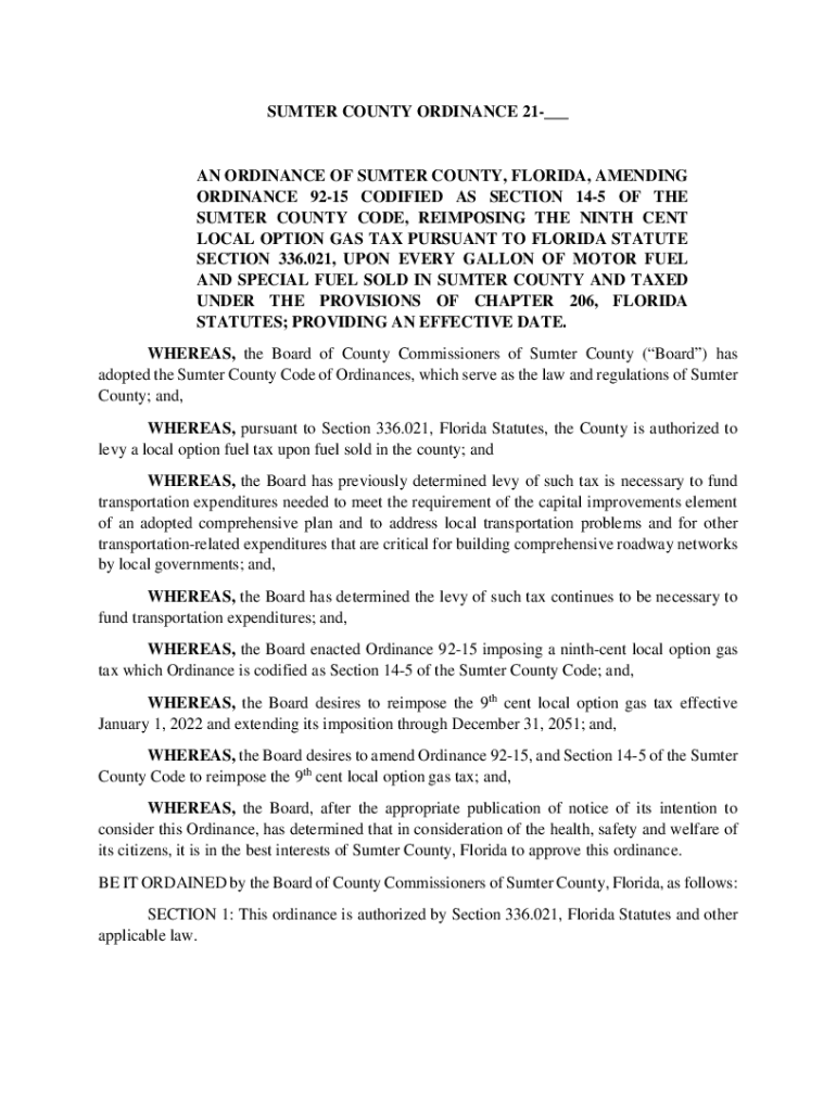 Fillable Online SUMTER COUNTY ORDINANCE 21 AN ORDINANCE OF Fax