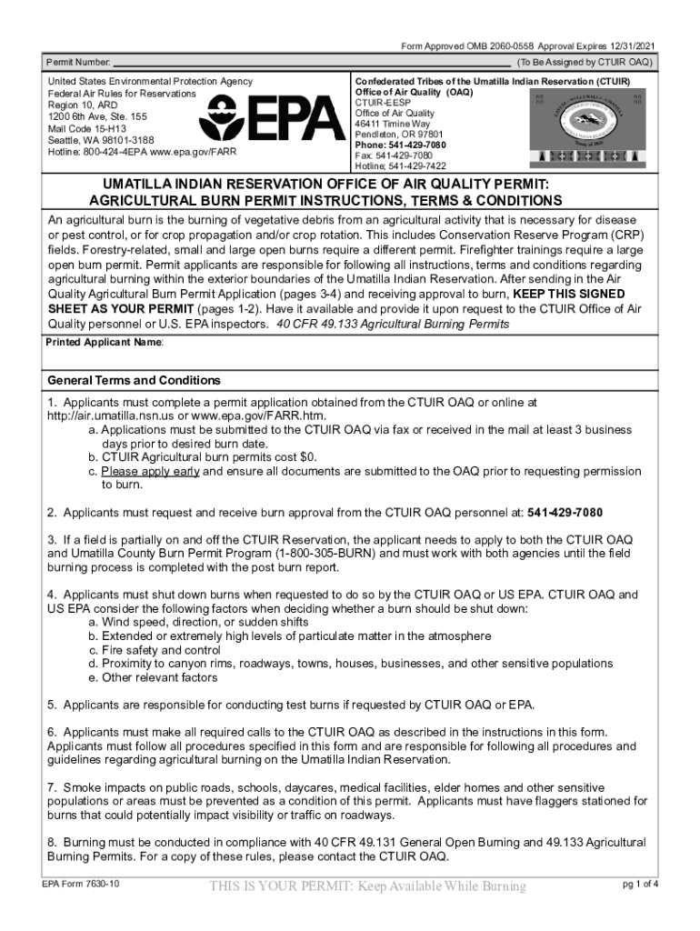 Fillable Online Umatilla Indian Reservation Agricultural Burn Permit