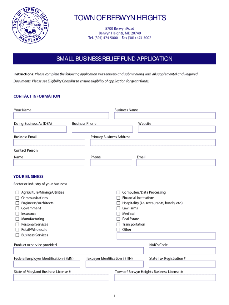 Fillable Online Small Business Relief Fund Application Fax Email Print