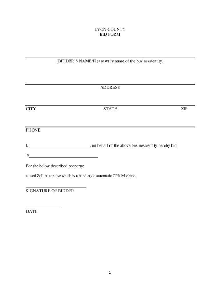 Fillable Online LYON COUNTY BID FORM (BIDDER'S NAME/Please write name