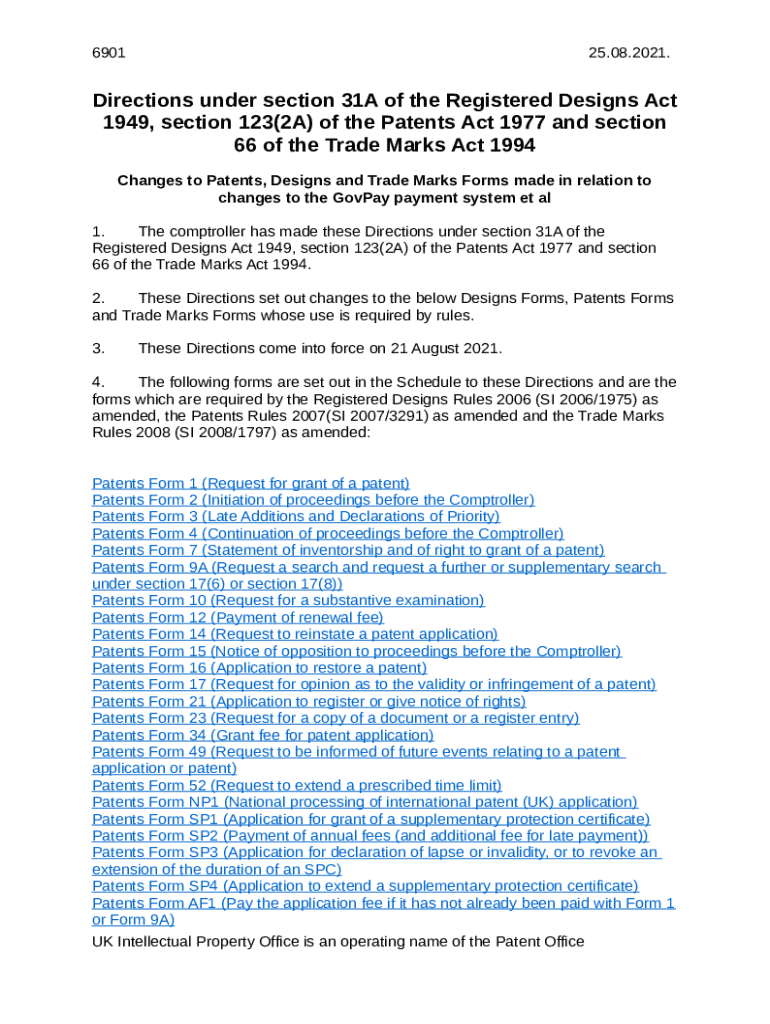 Directions under Section 31A of the Registered Designs Act 1949 Doc Template pdfFiller