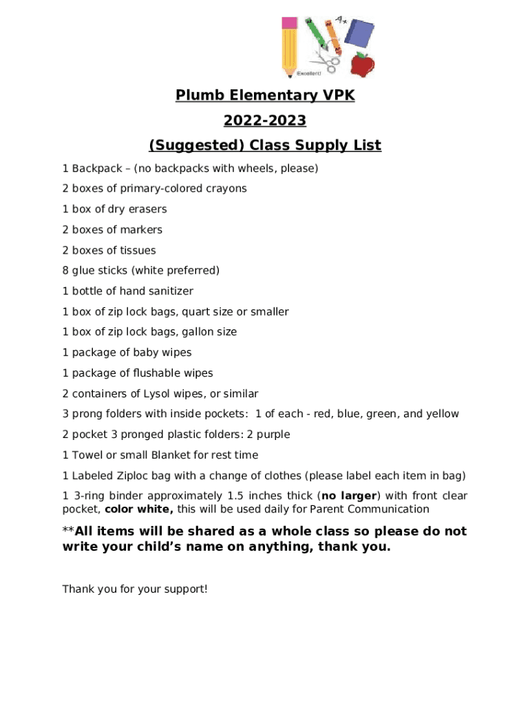 Seminole County Public Schools ELEMENTARY SUPPLY LIST 20222023 Doc