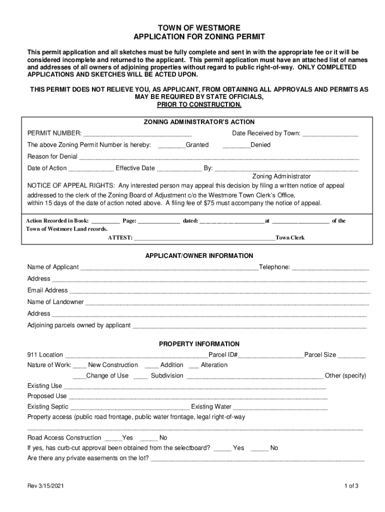 Fillable Online town of westmore application for zoning permit Fax