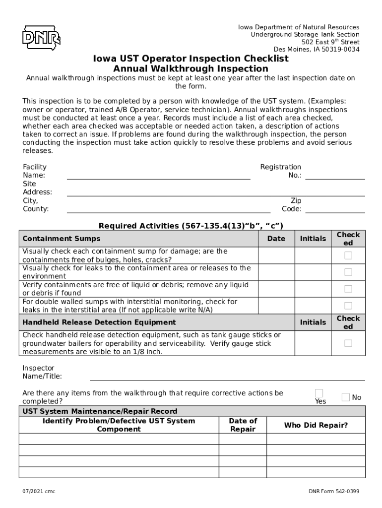 Iowa UST Operator Inspection Checklist Doc Template pdfFiller