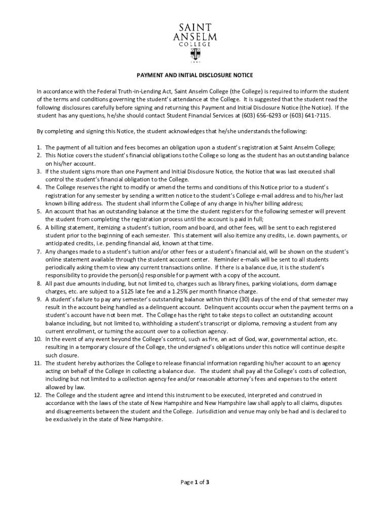 Fillable Online PAYMENT AND INITIAL DISCLOSURE NOTICE Saint Anselm