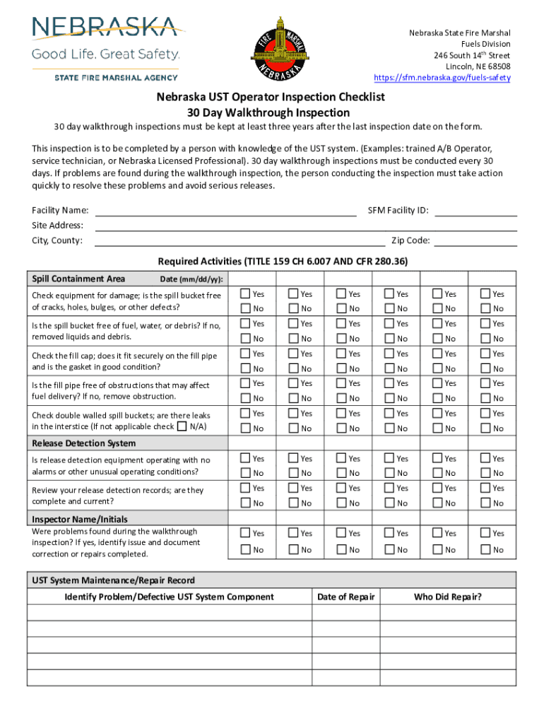 Fillable Online Nebraska UST Operator Inspection Checklist 30 Day Walkthrough Fax Email