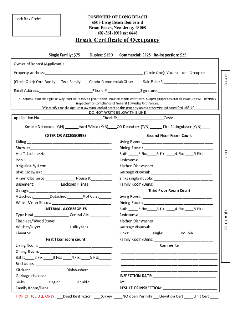 Fillable Online Resale Certificate of Occupancy Long Beach Township