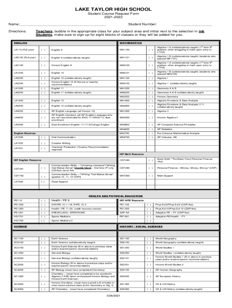 Fillable Online LAKE TAYLOR HIGH SCHOOL Student Course Request Form