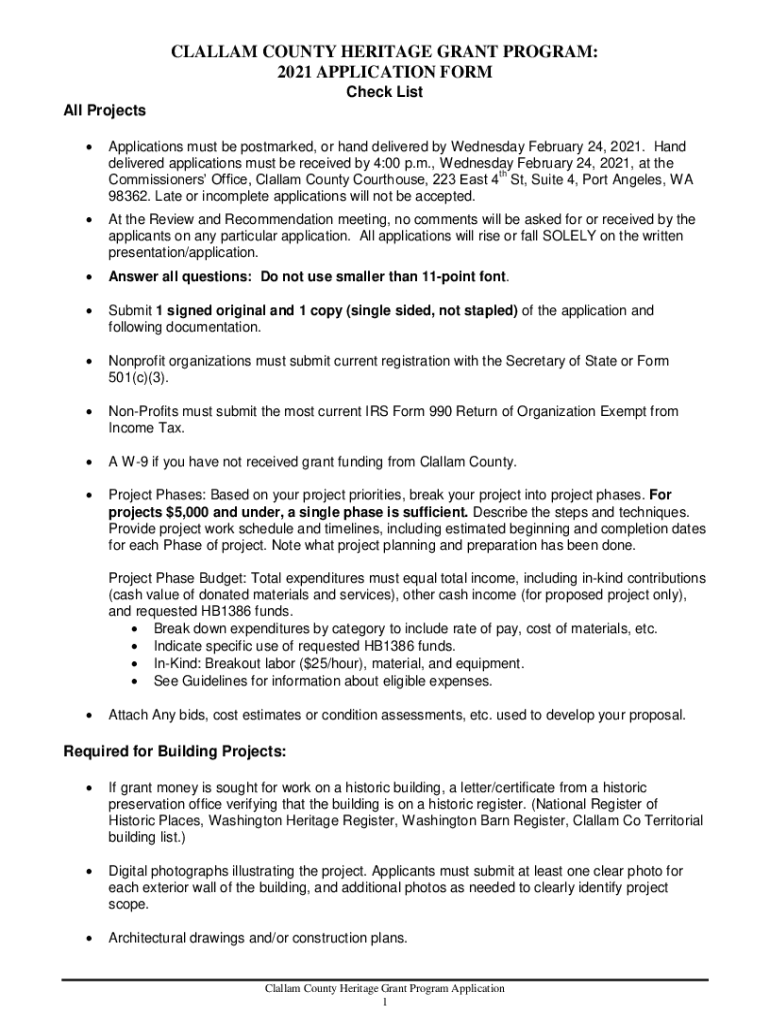 Fillable Online CLALLAM COUNTY HERITAGE GRANT PROGRAM 2021 APPLICATION