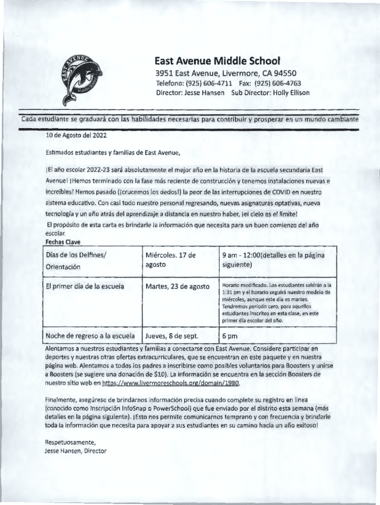 Fillable Online East Avenue Middle School Livermore Valley Joint