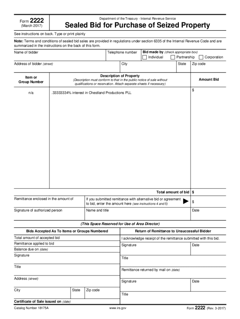 Fillable Online Form 2222 Sealed Bid for Purchase of Seized Property