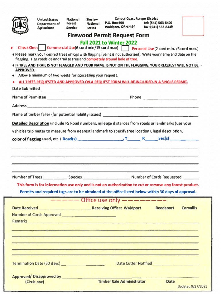 Fillable Online Firewood Permit Request Form Office use only