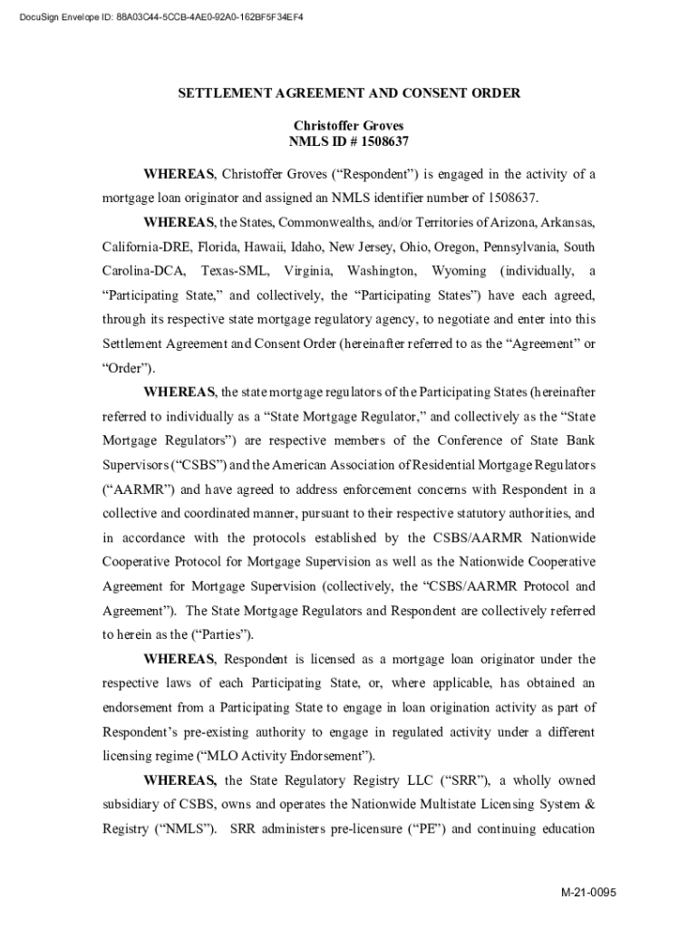 Fillable Online SETTLEMENT AGREEMENT AND CONSENT ORDER Christoffer