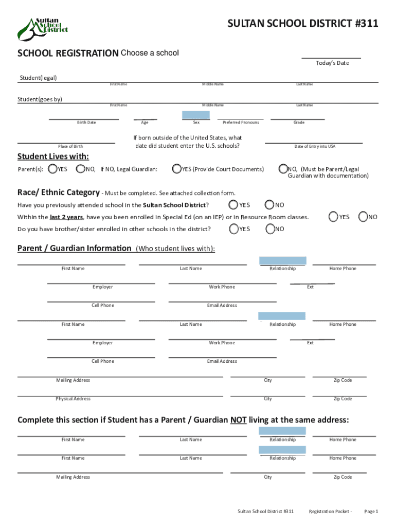 Fillable Online SULTAN SCHOOL DISTRICT Kindergarten Registration for