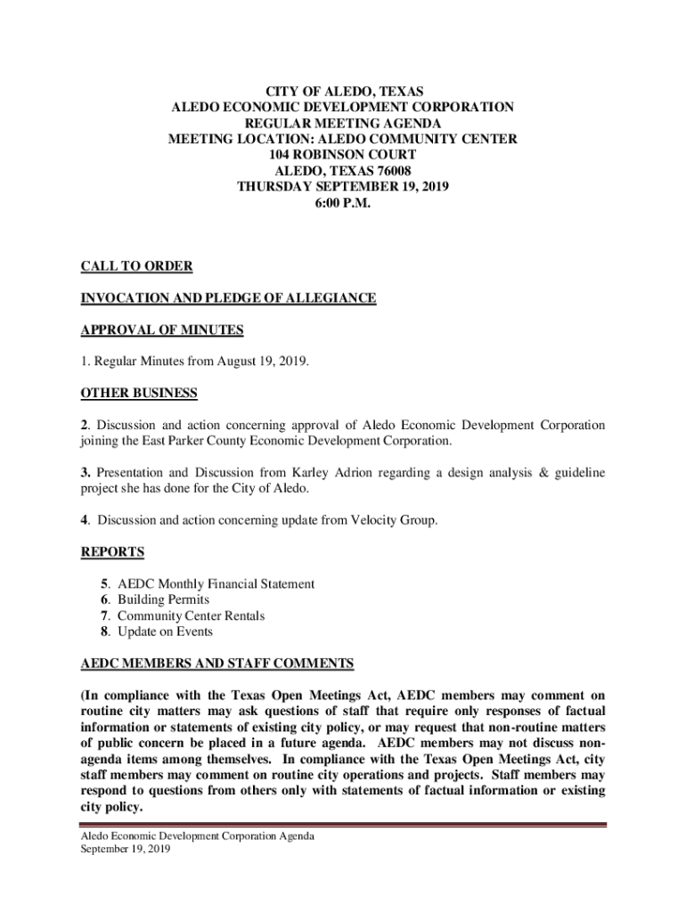 Fillable Online CITY OF ALEDO, TEXAS ALEDO ECONOMIC DEVELOPMENT Fax