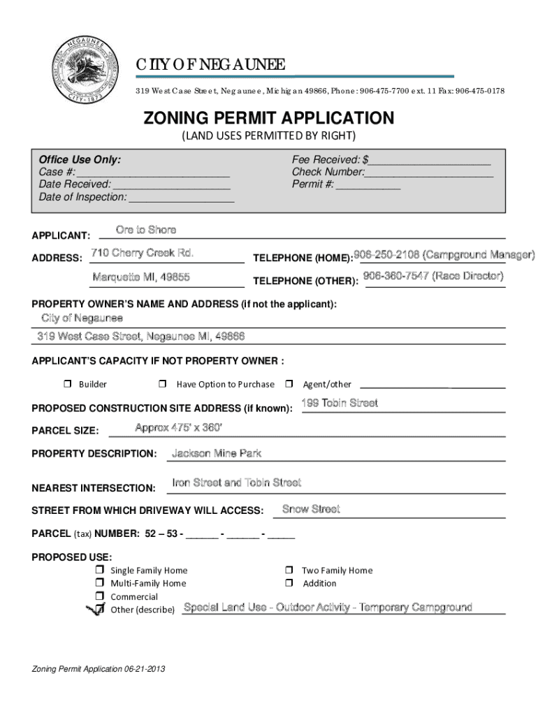 Fillable Online CITY OF NEGAUNEE BUILDING AND ZONING PERMITS Fax Email