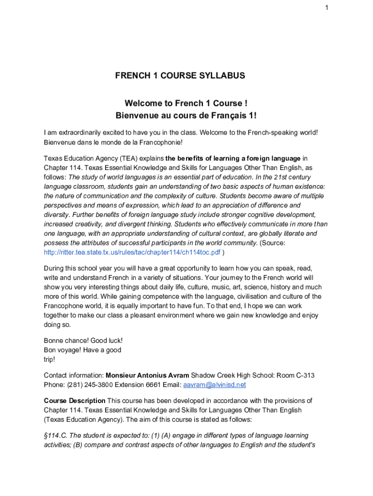 Fillable Online Alvin ISD FRENCH 1 COURSE SYLLABUS Fax Email Print pdfFiller