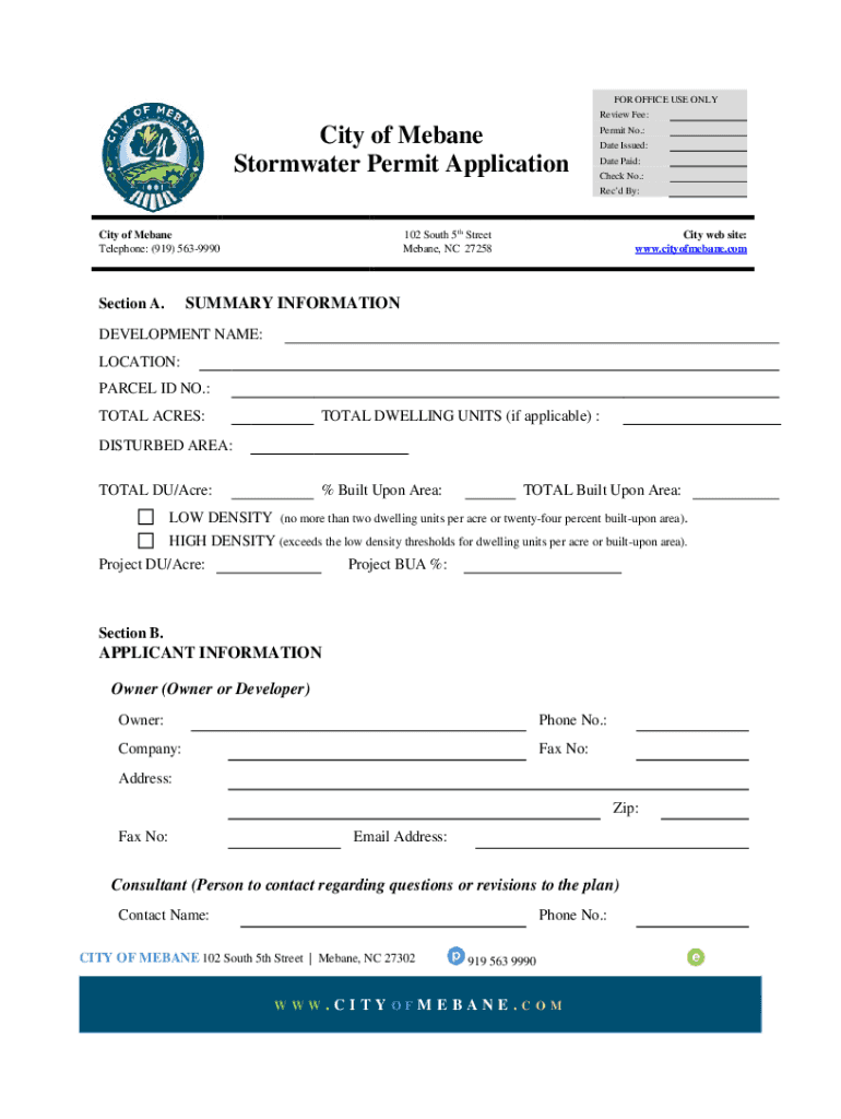 Fillable Online City of Mebane Stormwater Permit Application Fax Email