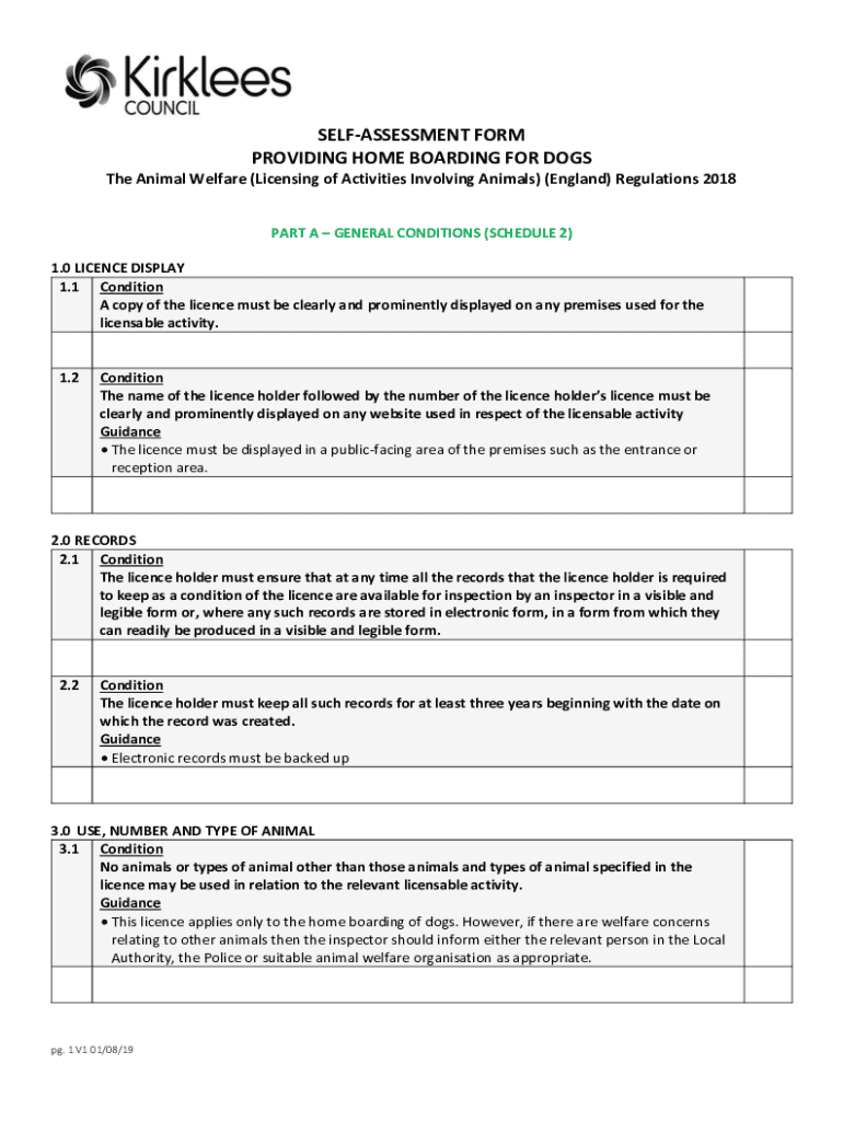 Fillable Online Providing Home Boarding for Dogs SelfAssessment Form