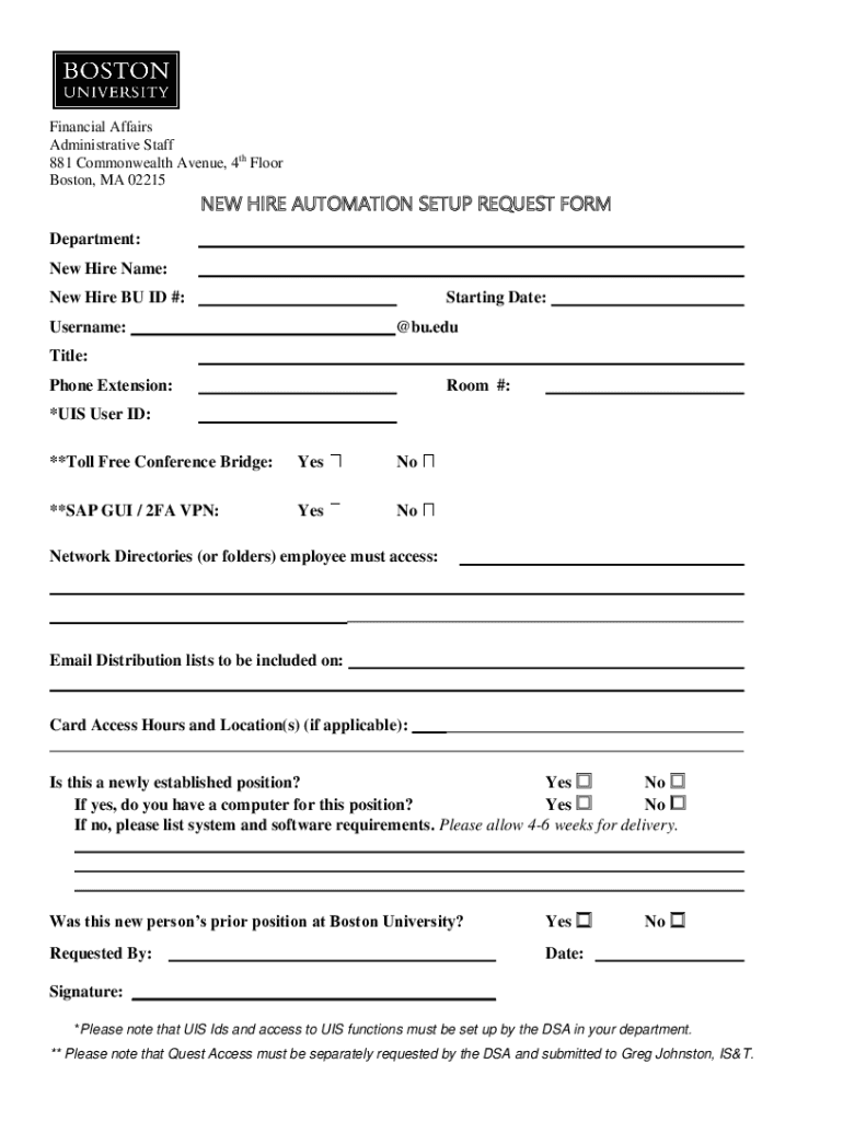 Fillable Online th Floor Boston, MA 02215 NEW HIRE AUTOMATION SETUP REQUEST FORM Fax Email Print