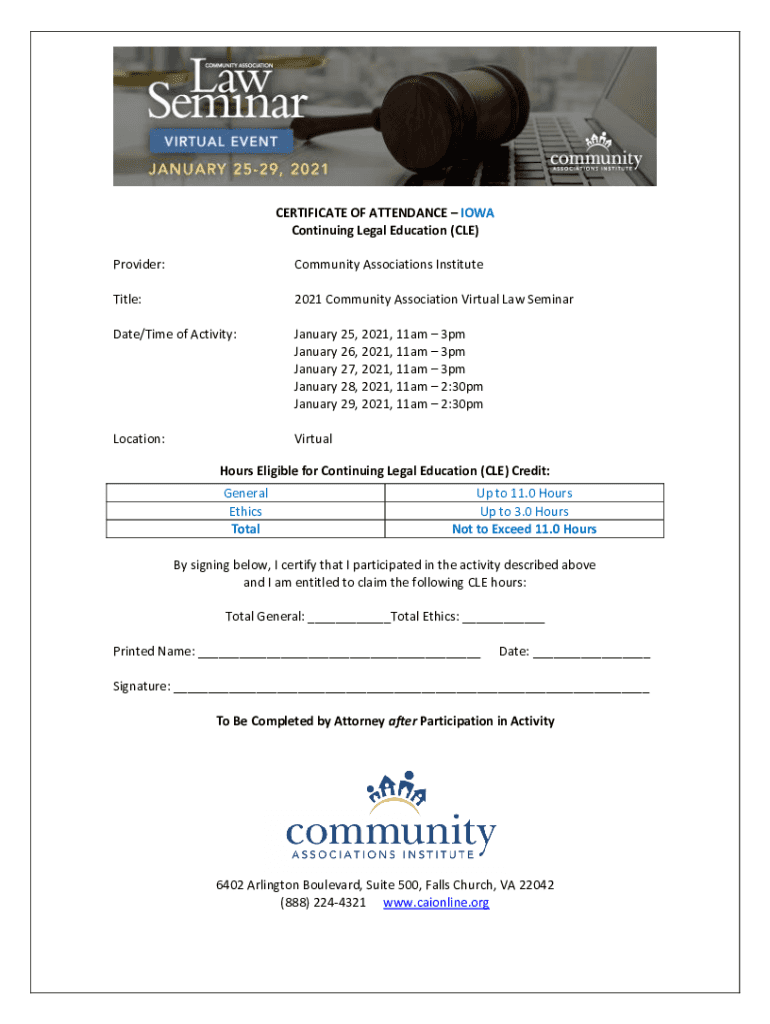 Fillable Online CERTIFICATE OF ATTENDANCE IOWA Continuing Legal