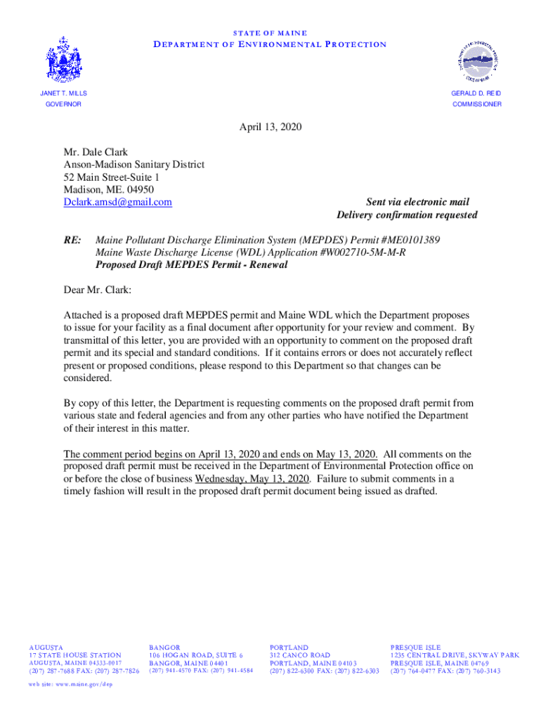 Fillable Online Anson Madison Sanitary District, ME0101389, Draft