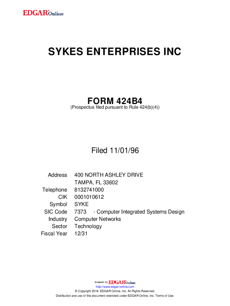 Fillable Online SYKES ENTERPRISES INC. FORM 424B4 (Prospectus filed