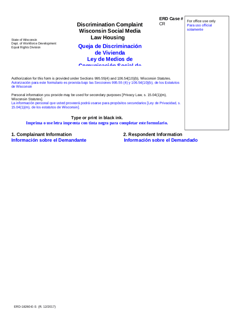 ERD18260ES, Discrimination Complaint Wisconsin Social Media Law