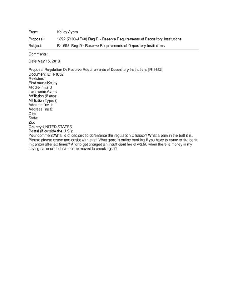 Fillable Online From Kelley Ayers Subject R1652; Reg D Reserve
