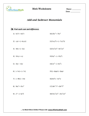 Adding And Subtracting Monomials Worksheet - Fill Online, Printable