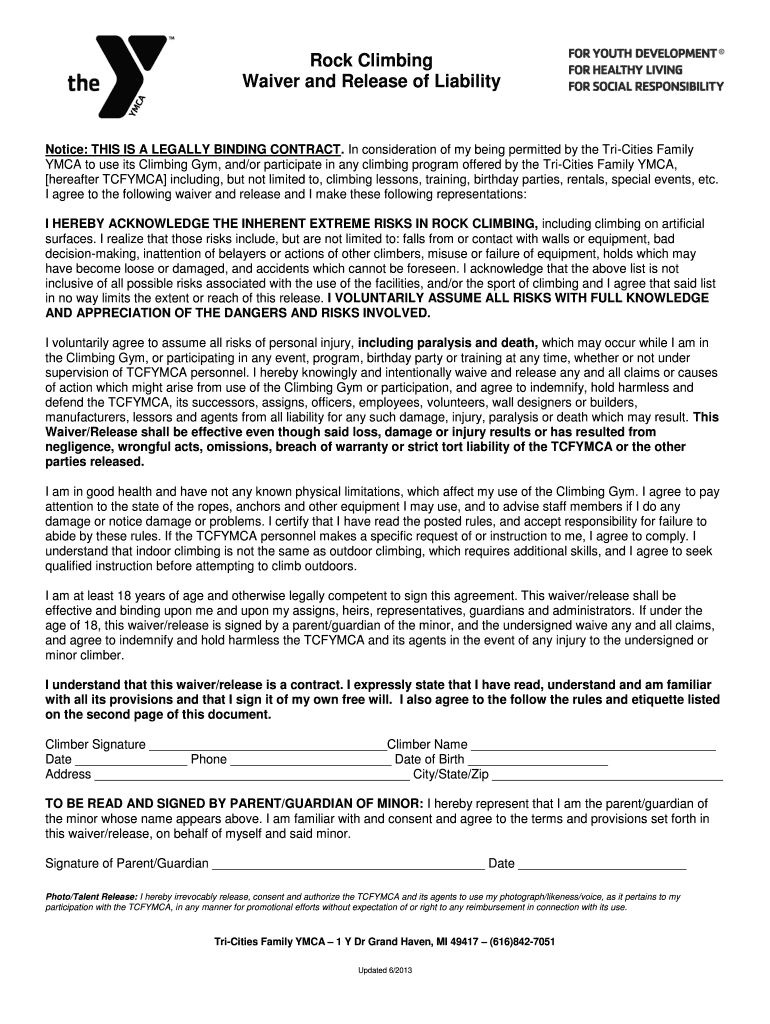 Fillable Online tcfymca Rock Climbing Waiver and Release of Liability