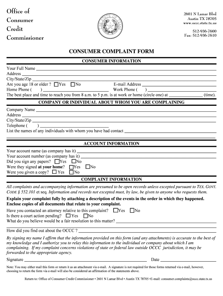 Fillable Online occc texas 2601 N Lamar Blvd Fax Email Print pdfFiller