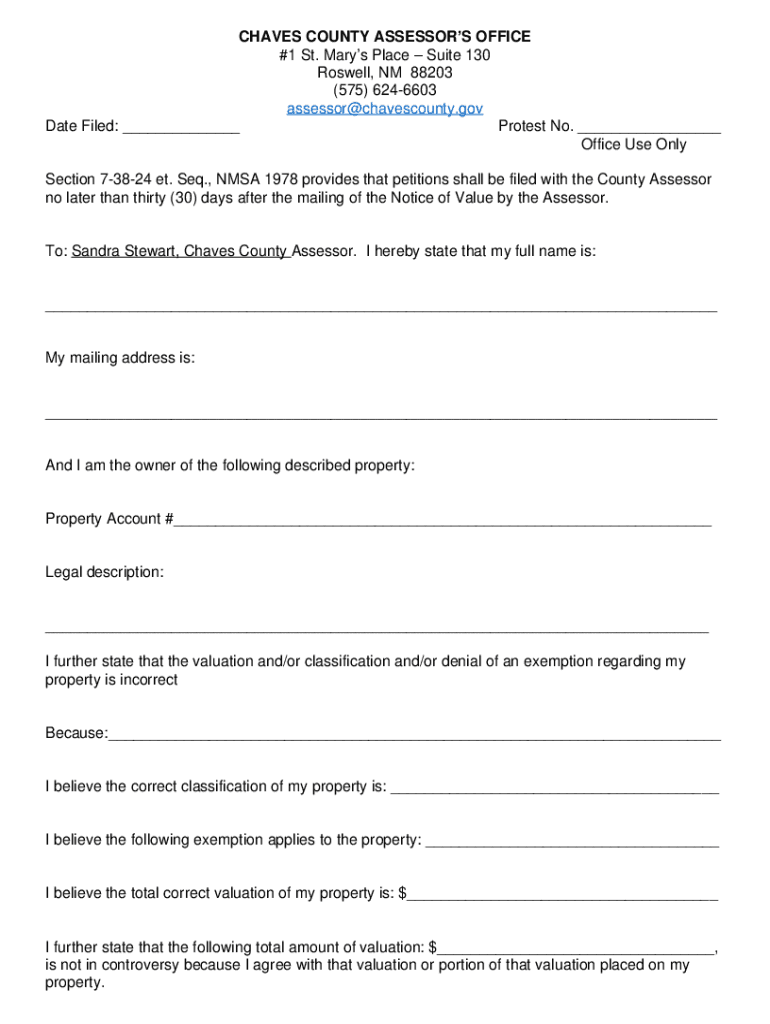 Fillable Online CHAVES COUNTY ASSESSOR'S OFFICE 1 St. Mary's Place