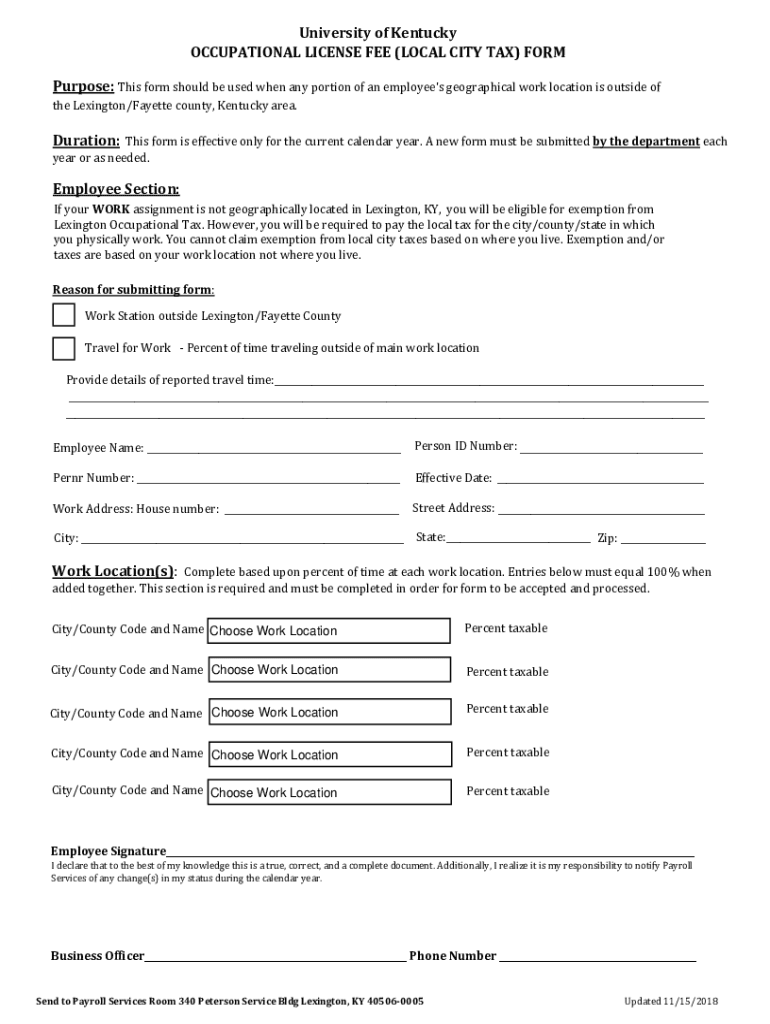 Fillable Online University of Kentucky Occupational License Fee (Local