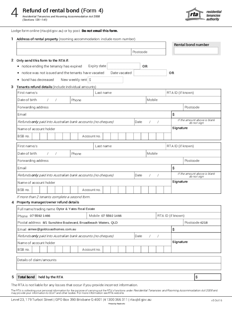 Fillable Online Form 4 Refund of rental bond (Form 4) (Department of