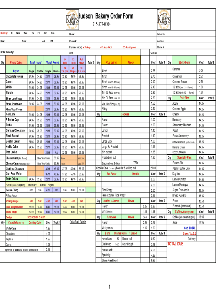Fillable Online BAKERY ORDER FORM Fax Email Print pdfFiller